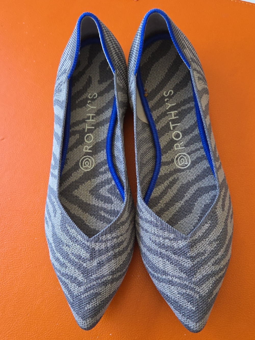 Rothy's Pointed Knit Flats in Gray with Blue Trim Size 10